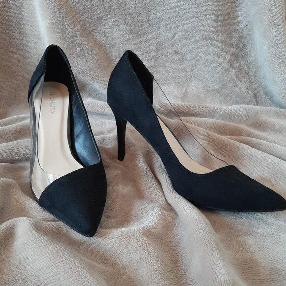 LE CHATEAU Black Suede Clear Side High Heel Pointed Toe Stilettos - Size 8.5 - Picture 3 of 12